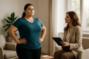 Une thérapeute accompagne une femme forte et affirmée dans un cabinet lumineux, symbole d’empowerment et de gestion du poids avec l’Imaginologie®.
