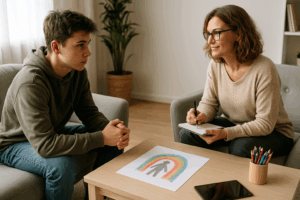 Une thérapeute accompagne un adolescent dans un espace lumineux et chaleureux, carnet et crayons posés sur la table, symbole d’un accompagnement créatif et bienveillant avec l’Imaginologie®.