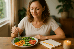 Une femme assise à une table en bois, observant calmement une assiette colorée de légumes frais et de pois chiches, avec un carnet et une bougie à ses côtés, symbole de conscience alimentaire et de transformation intérieure.