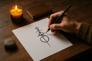Une main trace un symbole mystique sur une feuille de papier à la lumière d’une bougie, sur une table en bois avec carnet et pierre.