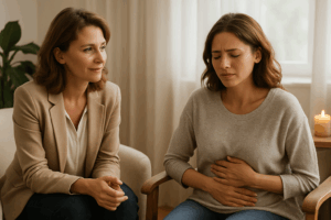 Une thérapeute assise face à une femme, l’écoutant avec bienveillance dans un espace lumineux et chaleureux, symbole d’accompagnement en Imaginologie® de la féminité profonde.