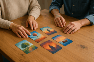 Des cartes colorées posées sur une table en bois, entourées de mains prêtes à les utiliser pour favoriser l’expression et libérer la parole.