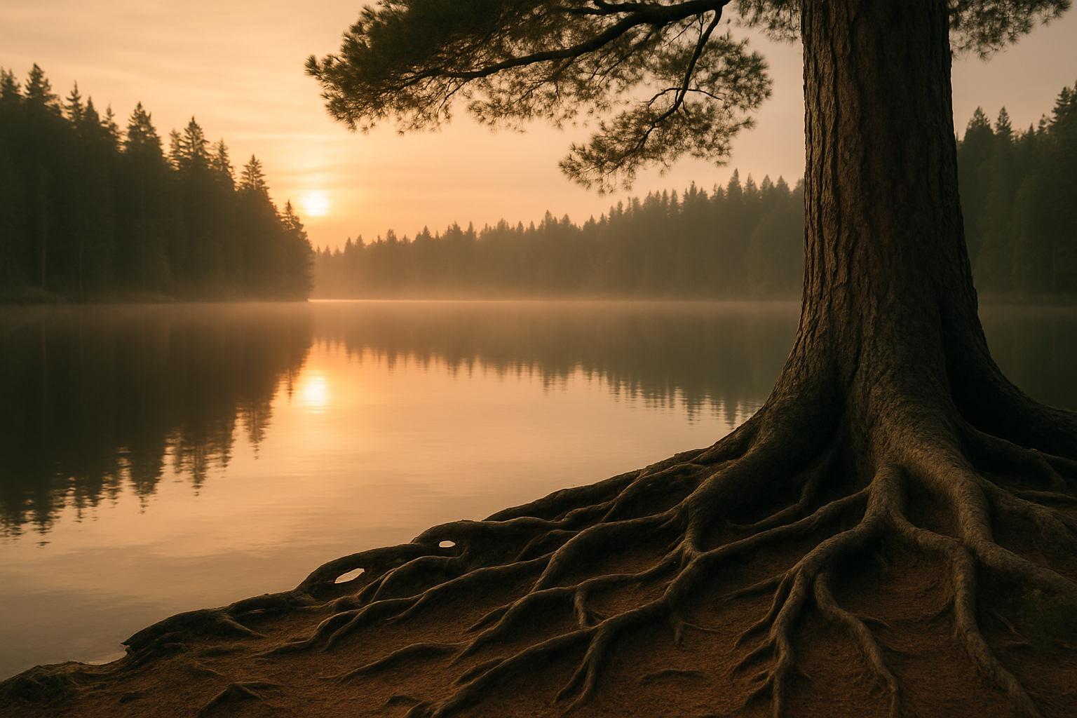 Arbre solitaire aux racines visibles près d’un lac calme au lever du jour, dans une atmosphère paisible et brumeuse.