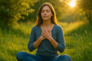 Une femme assise dans la nature, entourée de lumière douce, les yeux fermés et les mains sur la poitrine, symbole de transformation de l’hypersensibilité en clarté intérieure avec l’Imaginologie®.