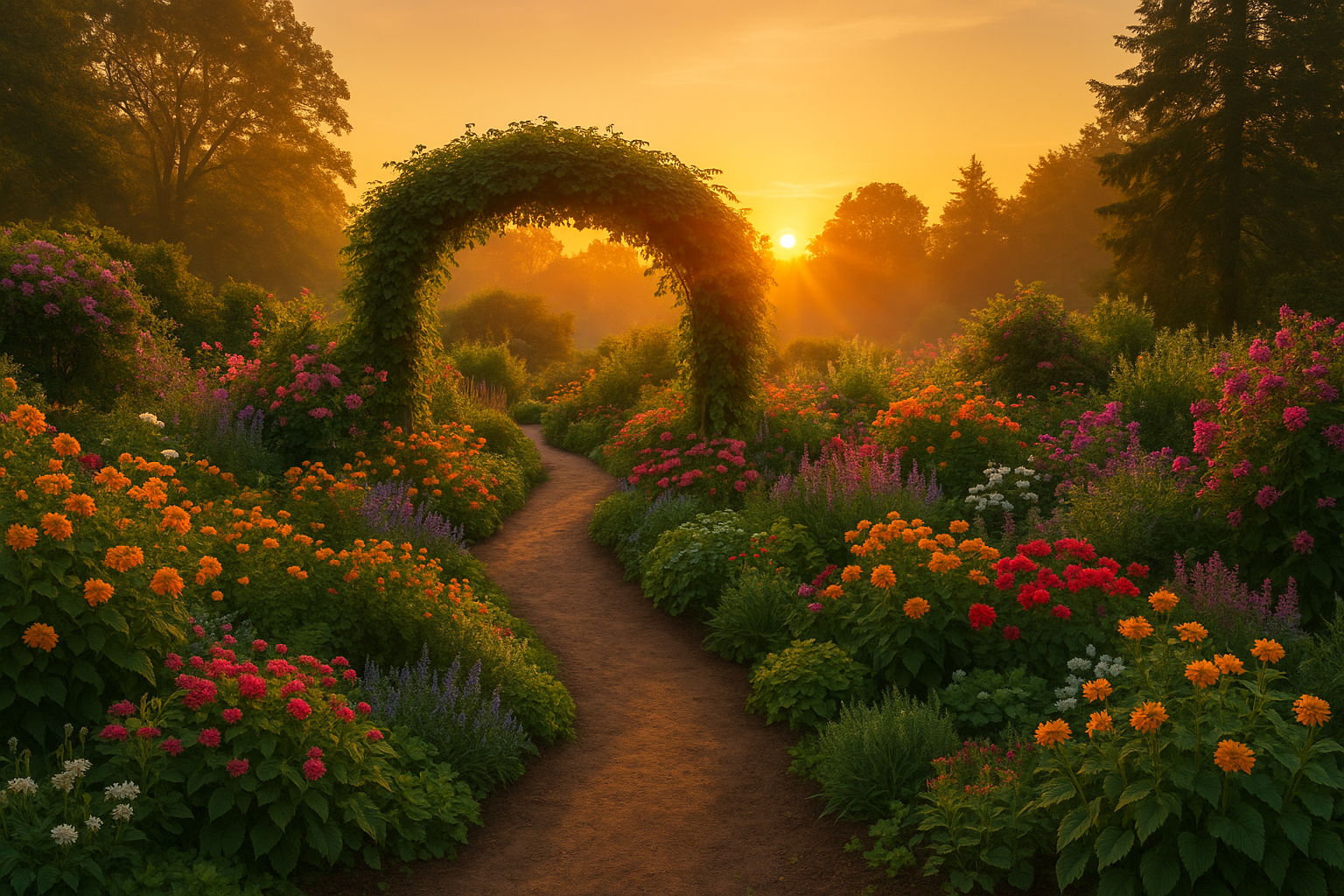 Jardin coloré et fleuri au lever du soleil, avec un sentier menant sous une arche végétale, symbolisant la transformation intérieure.