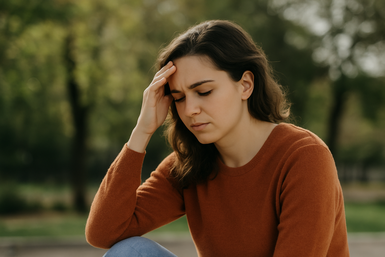 Femme assise dans un parc, les yeux fermés et la main sur le front, exprimant une surcharge émotionnelle.