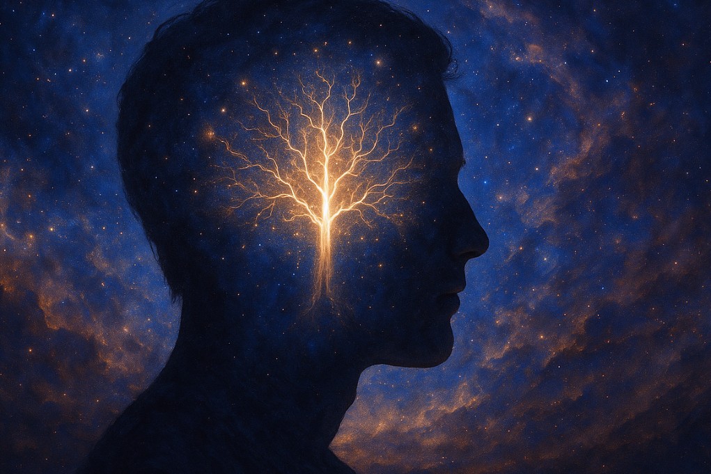 Silhouette humaine en profil avec un arbre lumineux à l’intérieur de la tête, symbole de l’Imaginologie® et de la manifestation intérieure selon la loi d’attraction.