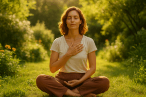 Portrait d’une femme assise dans la nature, les yeux fermés et une main posée sur son cœur, entourée de verdure et de lumière douce, symbole du Jardin Intérieur en Imaginologie®.