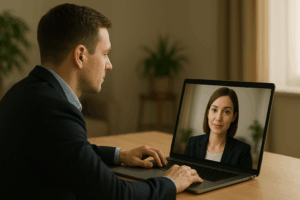 Un homme assis à un bureau interagit avec une coach virtuelle appelée Samantha, affichée sur l’écran de son ordinateur portable, symbolisant l’essor des coachbots et du coaching numérique.
