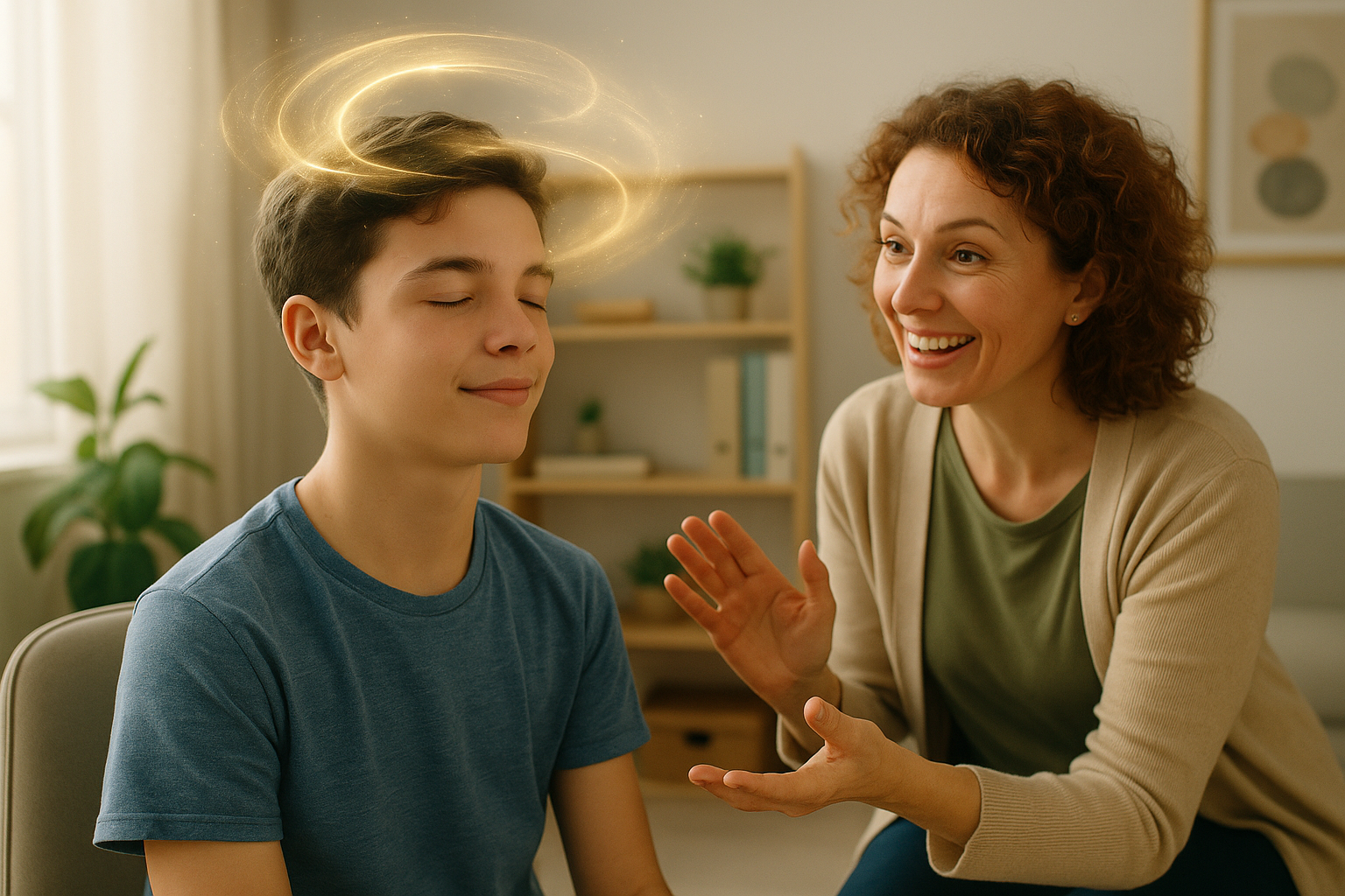 Adolescent aux yeux fermés en séance d’Imaginologie®, guidé par une praticienne souriante, avec des volutes lumineuses illustrant son monde intérieur.