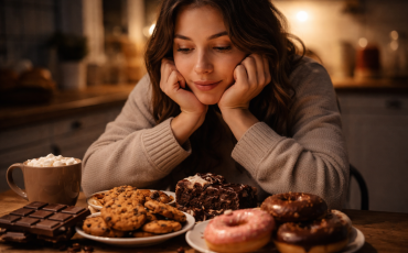 Personne assise à une table face à des pâtisseries, chocolats et biscuits, observant les desserts avec une envie visible dans une ambiance nocturne et introspective.