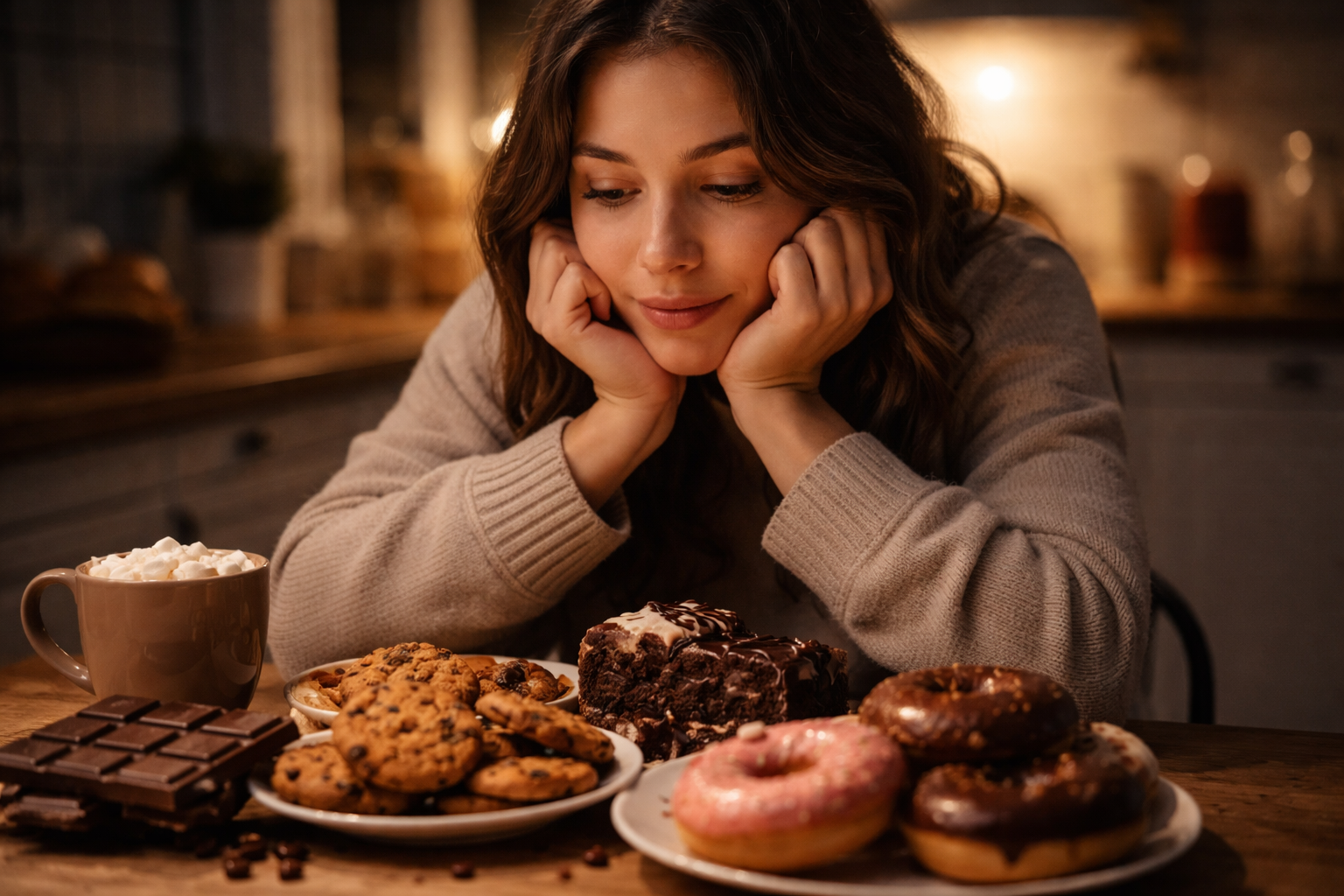 Personne assise à une table face à des pâtisseries, chocolats et biscuits, observant les desserts avec une envie visible dans une ambiance nocturne et introspective.
