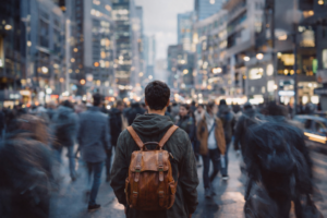 Un homme debout, immobile au milieu d’une foule floue en mouvement dans une grande rue urbaine, symbolisant l’isolement, la perte de repères et la difficulté à trouver sa place dans une société en mouvement.