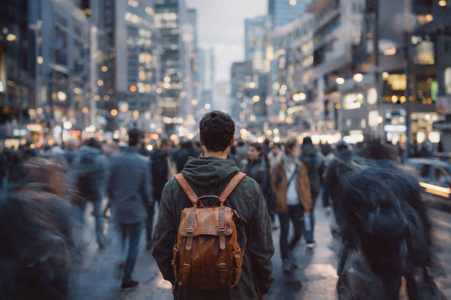 Un homme debout, immobile au milieu d’une foule floue en mouvement dans une grande rue urbaine, symbolisant l’isolement, la perte de repères et la difficulté à trouver sa place dans une société en mouvement.
