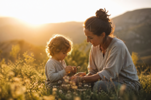 Un enfant et une femme assis dans une prairie au coucher du soleil, observant des fleurs ensemble dans une ambiance douce et chaleureuse.