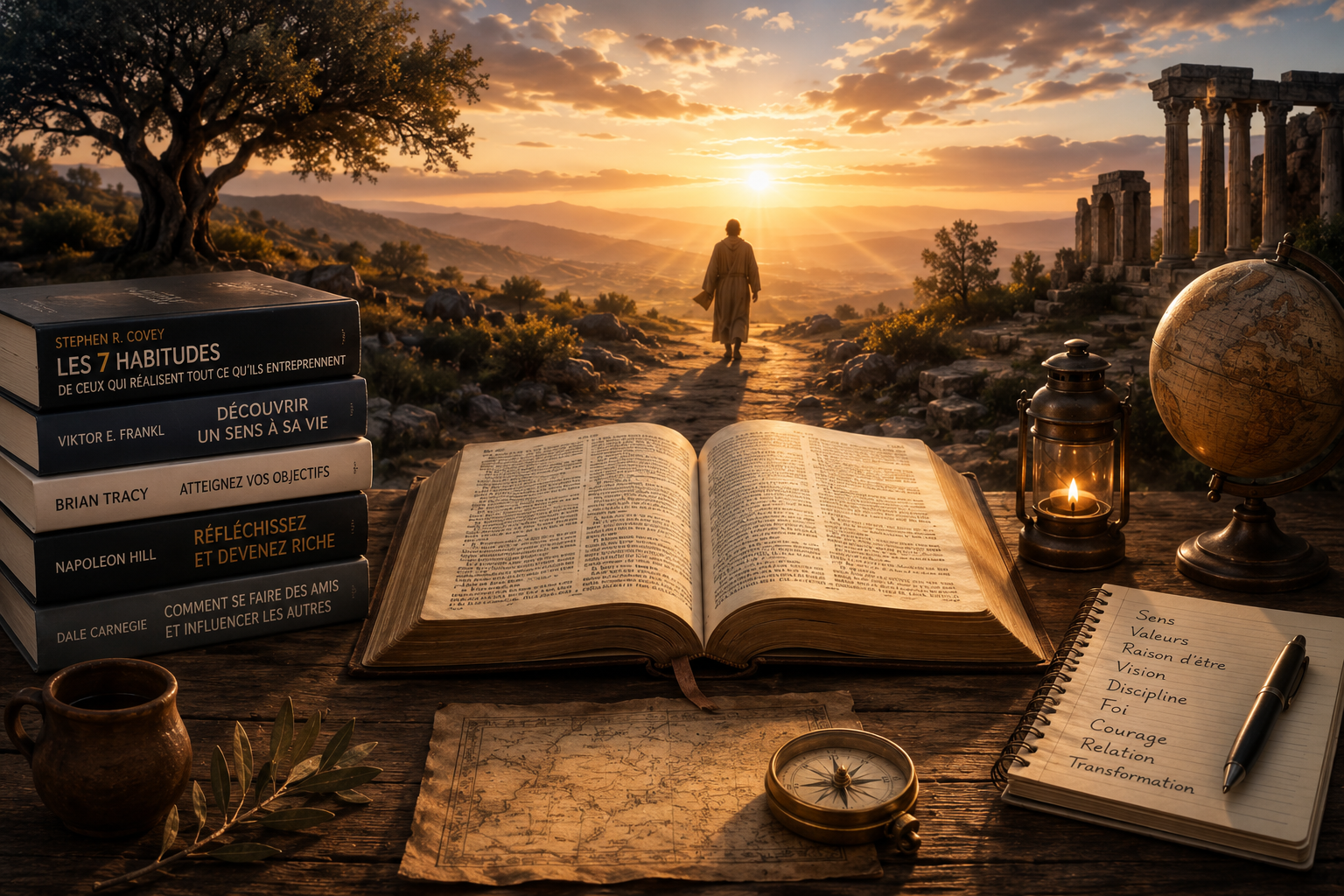 Bible ouverte sur une table entourée de livres de développement personnel, face à un chemin lumineux menant vers l'horizon au coucher du soleil. Une illustration symbolisant le lien entre les récits bibliques et la croissance personnelle.