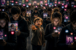 Illustration symbolique de la prédocriminalité et du non-respect de la parole de l'enfant : un jeune enfant tend la main au milieu d'une foule absorbée par les smartphones, les réseaux sociaux, les likes et les vidéos, tandis que personne ne lui prête attention.