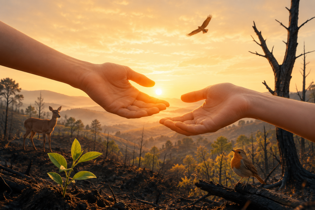 Deux mains tendues se rejoignent au-dessus d'un paysage marqué par les incendies de forêt. Au premier plan, une jeune pousse renaît parmi les cendres, tandis qu'un chevreuil, un rouge-gorge et un rapace symbolisent la vie qui survit et l'espoir de la reconstruction.